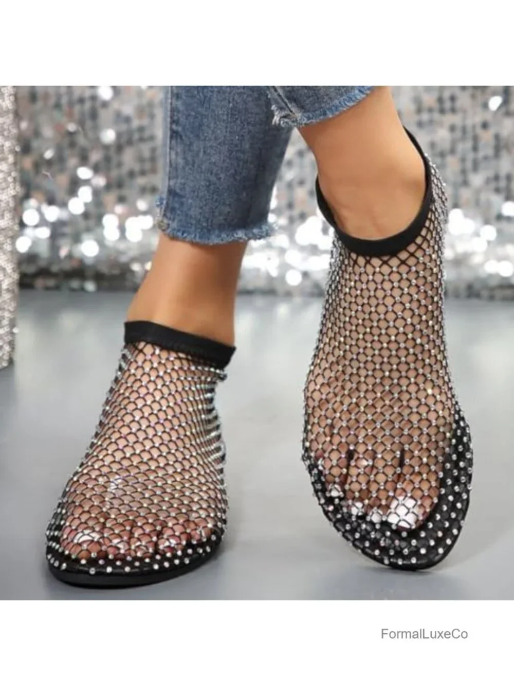 Breathable Mesh Rhinestone Flats Slip On Low Heel Sandals Women Fishnet